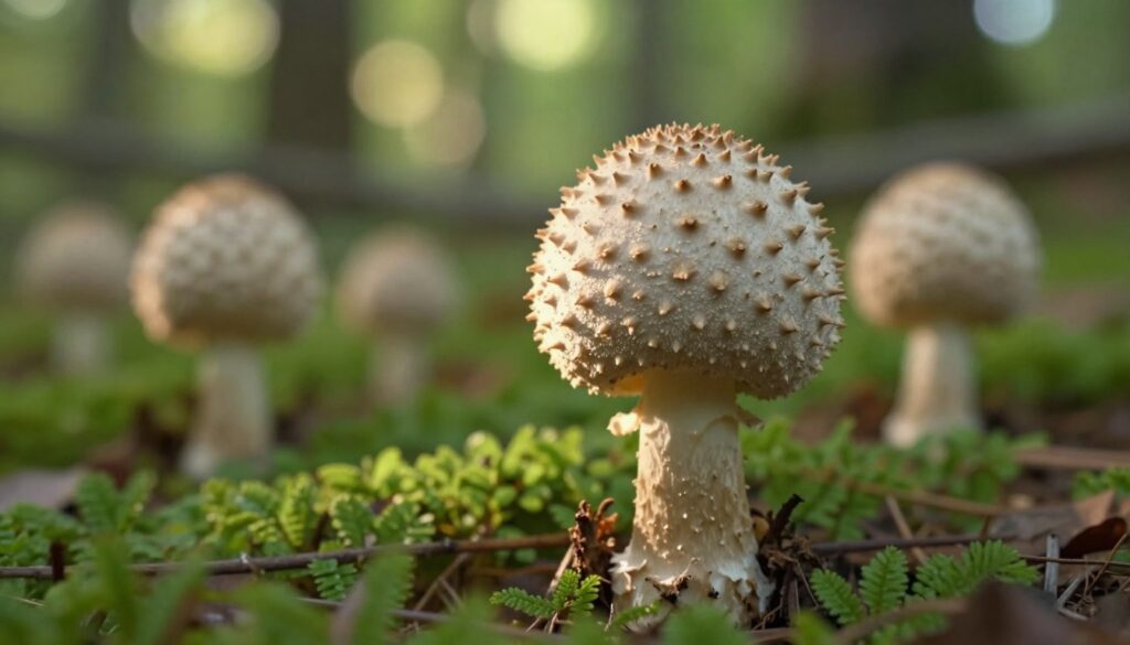A beautiful close-up of a "purchawka" mushroom, displaying its distinctive spherical shape and spiky texture, set against a softly blurred forest background. The mushroom should be placed prominently in the foreground, surrounded by gentle green foliage and hints of earthy soil. Subtle dappled sunlight filters through the trees, casting a warm glow on the mushroom's surface, highlighting its unique characteristics. Include a few similar-looking mushrooms in the middle ground to illustrate potential look-alikes, such as common puffballs and other non-edible species, while keeping the scene peaceful and natural. The composition should evoke curiosity and caution, inviting viewers to learn more about identifying this mushroom in a safe and informative manner, captured from a slightly angled perspective using a macro lens for detail. A beautiful close-up of a "purchawka" mushroom, displaying its distinctive spherical shape and spiky texture, set against a softly blurred forest background. The mushroom should be placed prominently in the foreground, surrounded by gentle green foliage and hints of earthy soil. Subtle dappled sunlight filters through the trees, casting a warm glow on the mushroom's surface, highlighting its unique characteristics. Include a few similar-looking mushrooms in the middle ground to illustrate potential look-alikes, such as common puffballs and other non-edible species, while keeping the scene peaceful and natural. The composition should evoke curiosity and caution, inviting viewers to learn more about identifying this mushroom in a safe and informative manner, captured from a slightly angled perspective using a macro lens for detail.