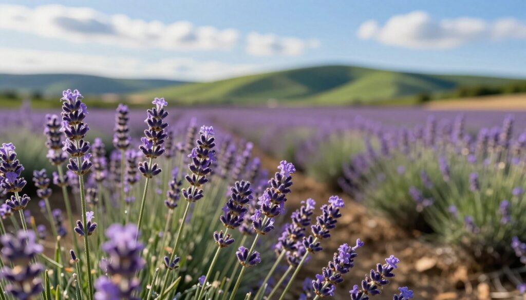 A beautiful field of lavender (kwiaty lawendy) in full bloom, showcasing vibrant purple flowers swaying gently in a soft breeze. In the foreground, a close-up view of freshly cut lavender stems with delicate buds, dew glistening on their petals, emphasizing the herbs’ texture and richness. The middle ground displays a sunlit, sprawling lavender field under a clear, blue sky with fluffy white clouds, creating a serene and inviting atmosphere. In the background, rows of lush green hills subtly fade into the distance, enhancing the tranquil rural setting. The scene is bathed in warm, golden sunlight, casting soft shadows and highlighting the intricate details of the flowers. The overall mood is calm and pastoral, perfect for conveying the culinary uses of lavender in a culinary context.