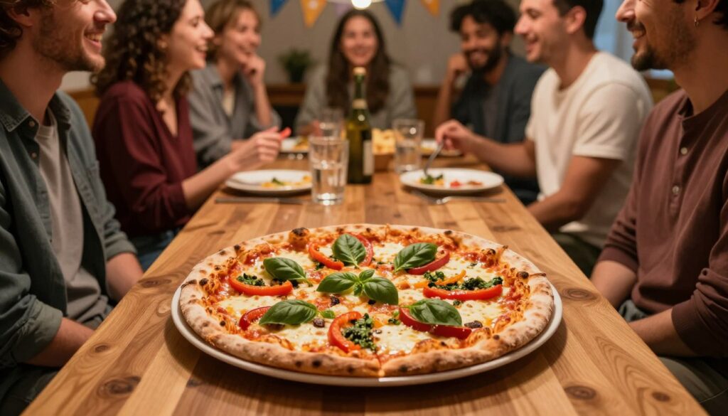 A beautifully arranged 40 cm pizza, fresh out of the oven, placed prominently on a large wooden table surrounded by a diverse group of people in casual clothing, engaged in animated conversation and laughter. The pizza showcases a variety of colorful toppings, such as vibrant peppers, fresh basil, and melting cheese, emphasizing its shareability. Soft, warm lighting casts a welcoming glow over the scene, highlighting the appetizing textures of the pizza and the joyful expressions of the group. In the background, blurred party decorations hint at a festive atmosphere, enhancing the mood of camaraderie and celebration. The angle captures both the pizza and the interactions among the people, creating a sense of togetherness and fun.