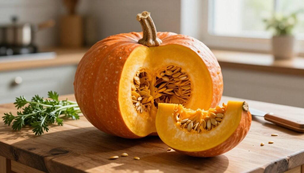 A beautifully arranged Hokkaido pumpkin, showcasing its vibrant orange skin and unique shape, sits on a rustic wooden kitchen table. The foreground features the pumpkin sliced open, revealing its rich golden flesh and seeds, hinting at its edible nature. Fresh herbs and cooking utensils accompany the scene, suggesting preparation for a delicious meal. In the background, soft natural light filters through a window, casting gentle shadows and creating a warm, inviting atmosphere. The image is captured with a shallow depth of field using a 50mm lens, focusing sharply on the pumpkin while softly blurring the background. The overall mood is cozy and homely, emphasizing the culinary potential of the Hokkaido pumpkin.