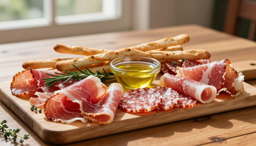 A beautifully arranged Italian charcuterie platter featuring classic ingredients such as thinly sliced prosciutto, savory salami, and elegantly displayed ham. The foreground showcases the vibrant reds and pinks of the meats, garnished with fresh herbs like rosemary and thyme. In the middle, add artisanal breadsticks and a small bowl of olive oil for dipping, enhancing the rustic feel. The background features a soft-focus, warm wooden table setting, illuminated by natural light from a nearby window, which casts gentle shadows and highlights the textures of the meats. The atmosphere is inviting and cozy, perfect for a classic pizza night, emphasizing tradition and flavor. A beautifully arranged Italian charcuterie platter featuring classic ingredients such as thinly sliced prosciutto, savory salami, and elegantly displayed ham. The foreground showcases the vibrant reds and pinks of the meats, garnished with fresh herbs like rosemary and thyme. In the middle, add artisanal breadsticks and a small bowl of olive oil for dipping, enhancing the rustic feel. The background features a soft-focus, warm wooden table setting, illuminated by natural light from a nearby window, which casts gentle shadows and highlights the textures of the meats. The atmosphere is inviting and cozy, perfect for a classic pizza night, emphasizing tradition and flavor.