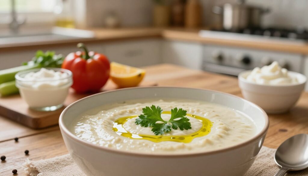 A beautifully arranged bowl of creamy soup, with a surface shimmering under warm, inviting light. The foreground features the bowl, elegantly decorated with fresh herbs like parsley and a drizzle of olive oil, creating a vibrant contrast against the soft, velvety soup base. In the middle ground, a rustic wooden table holds an assortment of colorful vegetables and alternative cream substitutes like coconut milk and cashew cream, emphasizing health and flavor. In the background, a gently blurred kitchen scene offers a homely atmosphere, with pots and spices hinting at culinary creativity. The image should capture a warm, inviting mood, reminiscent of a cozy kitchen, shot with a soft-focus lens to enhance the visual appeal and depth.
