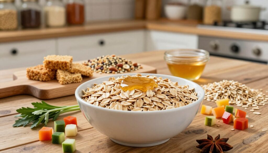 A beautifully arranged bowl of oats sits prominently in the foreground, showcasing the texture and variety of the oats—some rolled, some steel-cut, glistening with a light drizzle of honey. Scattered around the bowl are fresh ingredients like chopped herbs, diced vegetables, and colorful spices, adding depth and interest. In the middle ground, a rustic wooden table is set with a small cutting board, where an assortment of appealing alternatives to bread crumbs are displayed—crushed nuts, quinoa, and breadcrumbs made from oats. The background features a softly lit kitchen with shelves filled with jars of grains and spices, creating a warm, inviting atmosphere. The lighting is natural, highlighting the rich colors of the ingredients, and the angle captures the scene from a slightly elevated perspective, evoking a cozy, home-cooking vibe. A beautifully arranged bowl of oats sits prominently in the foreground, showcasing the texture and variety of the oats—some rolled, some steel-cut, glistening with a light drizzle of honey. Scattered around the bowl are fresh ingredients like chopped herbs, diced vegetables, and colorful spices, adding depth and interest. In the middle ground, a rustic wooden table is set with a small cutting board, where an assortment of appealing alternatives to bread crumbs are displayed—crushed nuts, quinoa, and breadcrumbs made from oats. The background features a softly lit kitchen with shelves filled with jars of grains and spices, creating a warm, inviting atmosphere. The lighting is natural, highlighting the rich colors of the ingredients, and the angle captures the scene from a slightly elevated perspective, evoking a cozy, home-cooking vibe.