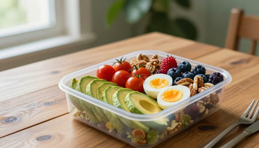 A beautifully arranged breakfast box showcasing an assortment of fresh, wholesome ingredients ideal for a nutritious meal at work. In the foreground, a vibrant, neatly packed container filled with sliced avocado, juicy cherry tomatoes, hard-boiled eggs, assorted nuts, and colorful berries. The middle ground features a wooden table setting, enhancing the rustic feel. In the background, soft, natural light pours through a nearby window, creating a warm and inviting atmosphere. The scene is shot from a slightly elevated angle, giving a clear view of the ingredients, with a blurred greenery wall as a backdrop, adding freshness and vitality. The overall mood is vibrant and energizing, perfect for starting a productive workday.