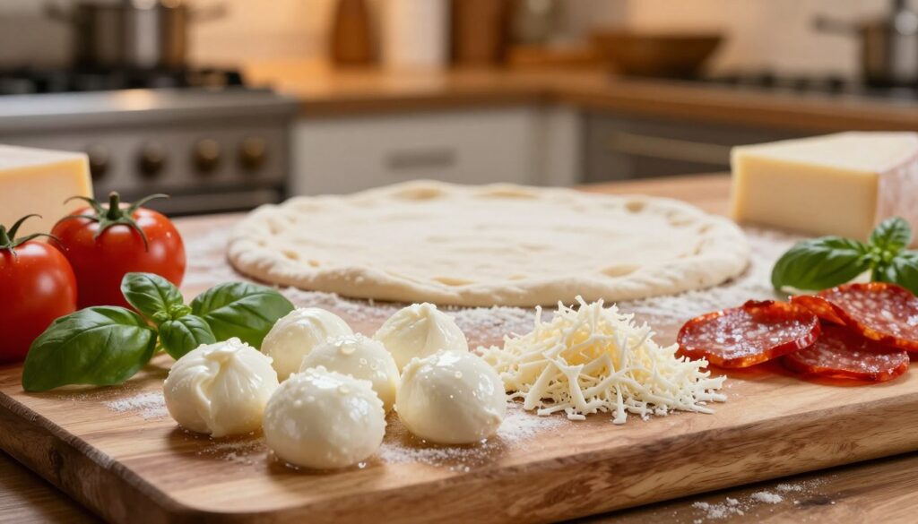 A beautifully arranged cheese selection for pizza making, featuring fresh mozzarella balls, grated aged mozzarella, and fior di latte. In the foreground, there are delicate, glistening mozzarella pearls on a rustic wooden board, surrounded by a mix of vibrant toppings like ripe tomatoes, fresh basil leaves, and slices of pepperoni. The middle of the composition showcases a large, round pizza dough base, ready for toppings, with a sprinkle of flour for texture. The background consists of a softly blurred kitchen setting with warm, inviting lighting, reminiscent of a cozy Italian pizzeria. The scene conveys a warm, inviting atmosphere, highlighting the artistry of pizza preparation. A beautifully arranged cheese selection for pizza making, featuring fresh mozzarella balls, grated aged mozzarella, and fior di latte. In the foreground, there are delicate, glistening mozzarella pearls on a rustic wooden board, surrounded by a mix of vibrant toppings like ripe tomatoes, fresh basil leaves, and slices of pepperoni. The middle of the composition showcases a large, round pizza dough base, ready for toppings, with a sprinkle of flour for texture. The background consists of a softly blurred kitchen setting with warm, inviting lighting, reminiscent of a cozy Italian pizzeria. The scene conveys a warm, inviting atmosphere, highlighting the artistry of pizza preparation.