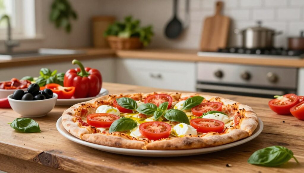 A beautifully arranged classic Italian pizza topped with fresh ingredients, showcasing vibrant colors. In the foreground, the pizza is garnished with slices of ripe, red tomatoes, creamy mozzarella cheese, fresh basil leaves, and a drizzle of olive oil. The middle layer features a rustic wooden table where the pizza rests, alongside small bowls filled with additional toppings such as black olives, pepperoni, and bell peppers. In the background, a softly lit kitchen scene gives a warm, inviting atmosphere, with hanging herbs and traditional cooking utensils adding authenticity. The lighting is warm and natural, highlighting the textures of the food, with a shallow depth of field to focus on the pizza while softly blurring the kitchen details. The overall mood is appetizing and homely, perfect for inspirational culinary content. A beautifully arranged classic Italian pizza topped with fresh ingredients, showcasing vibrant colors. In the foreground, the pizza is garnished with slices of ripe, red tomatoes, creamy mozzarella cheese, fresh basil leaves, and a drizzle of olive oil. The middle layer features a rustic wooden table where the pizza rests, alongside small bowls filled with additional toppings such as black olives, pepperoni, and bell peppers. In the background, a softly lit kitchen scene gives a warm, inviting atmosphere, with hanging herbs and traditional cooking utensils adding authenticity. The lighting is warm and natural, highlighting the textures of the food, with a shallow depth of field to focus on the pizza while softly blurring the kitchen details. The overall mood is appetizing and homely, perfect for inspirational culinary content.