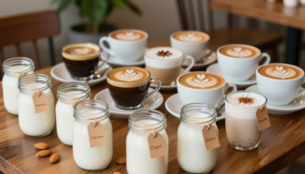 A beautifully arranged coffee tasting scene showcasing different types of coffee substitutes. In the foreground, a table features small jars filled with almond milk, oat milk, soy milk, and coconut milk, each labeled with elegant tags. The middle ground displays an assortment of coffee cups, showcasing rich espresso, creamy cappuccino, and frothy lattes, all artfully garnished with latte art. In the background, a cozy café atmosphere with soft lighting, emphasizing warm wood tones and greenery, creates an inviting ambiance. The composition should have a slight overhead angle to capture the full arrangement. The mood is warm and inviting, perfect for illustrating a thoughtful exploration of coffee alternatives. A beautifully arranged coffee tasting scene showcasing different types of coffee substitutes. In the foreground, a table features small jars filled with almond milk, oat milk, soy milk, and coconut milk, each labeled with elegant tags. The middle ground displays an assortment of coffee cups, showcasing rich espresso, creamy cappuccino, and frothy lattes, all artfully garnished with latte art. In the background, a cozy café atmosphere with soft lighting, emphasizing warm wood tones and greenery, creates an inviting ambiance. The composition should have a slight overhead angle to capture the full arrangement. The mood is warm and inviting, perfect for illustrating a thoughtful exploration of coffee alternatives.