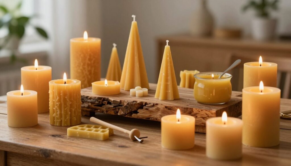 A beautifully arranged collection of beeswax candles, glowing softly in warm, natural light. In the foreground, various shapes of candles are displayed, including tapered, pillar, and votive forms. Each candle showcases a rich, golden hue with organic textures reflecting the beeswax's natural origins. In the middle, a rustic wooden table holds an assortment of candle-making tools, such as molds, wicks, and a small pot of melted beeswax, emphasizing the DIY aspect. The background features a softly blurred domestic setting, perhaps a cozy living room, with hints of greenery from houseplants. The atmosphere is warm and inviting, evoking a sense of craft and homeliness, perfect for highlighting the aesthetic and functional qualities of beeswax in home applications.