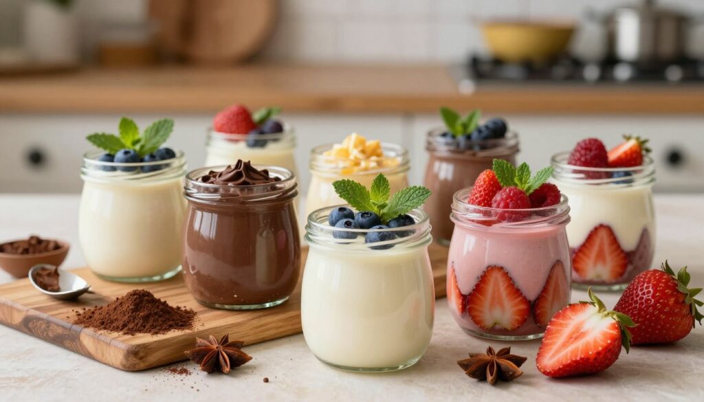 A beautifully arranged collection of dessert alternatives to traditional pudding, showcasing an array of vibrant flavors and textures. In the foreground, a selection of jars filled with creamy, fruit-infused substitutes: silky vanilla, rich chocolate, and fruity strawberry custards, each topped with fresh berries and mint leaves. In the middle, a wooden board displaying ingredients like cocoa powder, fresh fruits, and spices, emphasizing their natural appeal. The background features a softly blurred kitchen setting with warm, inviting lighting, creating a cozy atmosphere. A shallow depth of field focuses attention on the jars while subtly capturing the rustic charm of the kitchen. The image should evoke a sense of comfort and creativity, ideal for inspiring culinary exploration. A beautifully arranged collection of dessert alternatives to traditional pudding, showcasing an array of vibrant flavors and textures. In the foreground, a selection of jars filled with creamy, fruit-infused substitutes: silky vanilla, rich chocolate, and fruity strawberry custards, each topped with fresh berries and mint leaves. In the middle, a wooden board displaying ingredients like cocoa powder, fresh fruits, and spices, emphasizing their natural appeal. The background features a softly blurred kitchen setting with warm, inviting lighting, creating a cozy atmosphere. A shallow depth of field focuses attention on the jars while subtly capturing the rustic charm of the kitchen. The image should evoke a sense of comfort and creativity, ideal for inspiring culinary exploration.