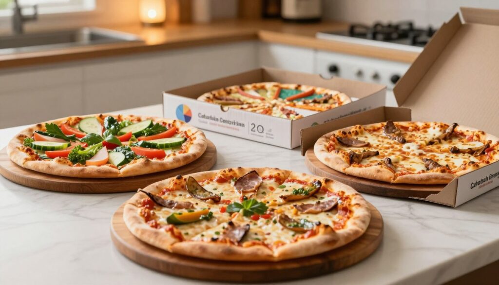 A beautifully arranged composition showcasing three types of pizza in a balanced way: a homemade pizza with fresh ingredients, a gourmet pizza from a pizzeria, and a frozen pizza in its box. The foreground features a close-up of each pizza on elegant wooden boards, highlighting their textures and toppings. The middle ground includes visual representations of calorie density, such as infographics or pie charts subtly integrated next to the pizzas. The background is a softly lit kitchen setting, with warm, inviting lighting that creates a cozy atmosphere. Use a slight depth of field to keep the focus on the pizzas, capturing them in a vibrant, appetizing manner.