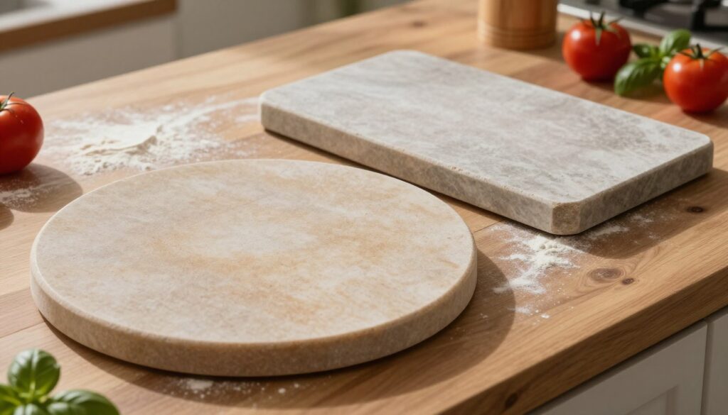 A beautifully arranged composition showcasing two distinct pizza stones: one round and one rectangular. The round stone, warm and lightly speckled, is placed at the forefront, highlighting its smooth surface, while the rectangular stone, with slightly uneven edges, sits behind it, emphasizing its functional design. Soft, natural lighting illuminates the stones, casting gentle shadows that enhance their textures. The background features a rustic wooden kitchen countertop, adorned with scattered flour and a few fresh ingredients like tomatoes and basil, creating a warm, inviting atmosphere. The angle is slightly above, allowing for a comprehensive view of both shapes, with a focus on their sizes and surfaces, capturing the essence of choice in pizza stone selection. A beautifully arranged composition showcasing two distinct pizza stones: one round and one rectangular. The round stone, warm and lightly speckled, is placed at the forefront, highlighting its smooth surface, while the rectangular stone, with slightly uneven edges, sits behind it, emphasizing its functional design. Soft, natural lighting illuminates the stones, casting gentle shadows that enhance their textures. The background features a rustic wooden kitchen countertop, adorned with scattered flour and a few fresh ingredients like tomatoes and basil, creating a warm, inviting atmosphere. The angle is slightly above, allowing for a comprehensive view of both shapes, with a focus on their sizes and surfaces, capturing the essence of choice in pizza stone selection.