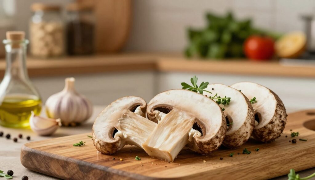 A beautifully arranged dish featuring "smak piaskowca modrzaka" at the forefront, showcasing its unique texture and earthy colors. The foreground displays a sliced section of the mushroom, revealing its rich, creamy interior, garnished with fresh herbs for contrast. In the middle ground, a rustic wooden cutting board holds additional ingredients, such as garlic, olive oil, and spices, suggesting preparation for a gourmet meal. The background is softly blurred, featuring a warm kitchen atmosphere with wooden shelves holding jars and fresh produce, enhanced by gentle, warm lighting that creates a cozy ambiance. The composition should evoke a sense of culinary adventure and appreciation for nature's flavors, captured with a shallow depth of field to emphasize the subject.