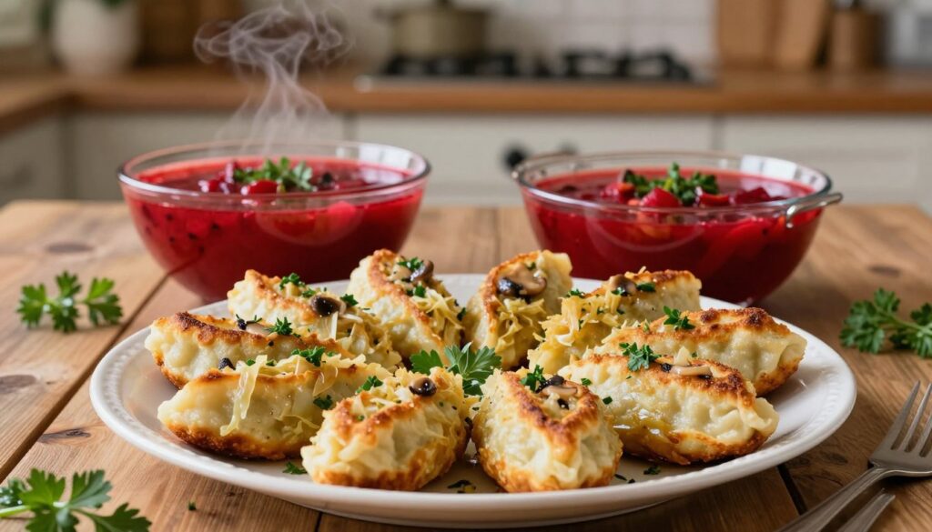 A beautifully arranged dish of krokiety, the Polish stuffed pancakes, filled with sautéed cabbage and mushrooms, served on a rustic wooden table. In the foreground, the golden-brown krokiety are neatly placed on a white plate, garnished with fresh herbs. The middle ground features a bowl of vibrant red borscht, steaming gently, reflecting the holiday spirit. In the background, a softly lit kitchen setting with homey decor hints at a cozy atmosphere, enhanced by warm, ambient lighting. The scene is captured from a slightly elevated angle to emphasize the textures of the krokiety and the rich color of the borscht. The overall mood is inviting and festive, perfect for celebrating traditional meals during the holiday season.
