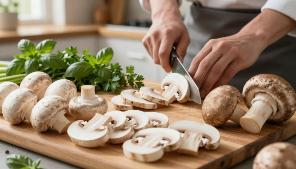 A beautifully arranged display of three types of mushrooms suitable for pizza: white button mushrooms, brown cremini mushrooms, and large portobello mushrooms. In the foreground, focus on freshly sliced mushrooms artfully placed on a wooden cutting board, showcasing their textures and natural colors. The middle ground features a skilled hand holding a chef's knife, poised to slice the mushrooms, surrounded by vibrant herbs such as basil and parsley. In the background, a softly blurred kitchen scene with warm, inviting light streaming through a window, creating a cozy atmosphere. Use natural lighting to highlight the sheen of the mushrooms and the freshness of the ingredients, and capture the scene from a slightly elevated angle for a culinary, inviting perspective.