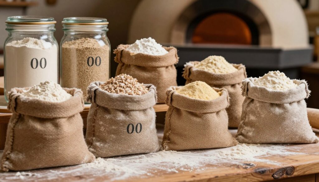 A beautifully arranged display of various specialist flours used for pizza making, including "00" flour, whole wheat flour, and semolina flour, showcased in burlap sacks and glass jars. In the foreground, focus on the texture and color of the flours, with fine grains catching the light. The middle ground features a rustic wooden surface, dusted lightly with flour. In the background, a blurred image of a traditional pizza oven, glowing warmly, adds depth. Soft, natural lighting creates an inviting ambiance, highlighting the nuances of each flour type. The scene evokes a sense of artisanal craftsmanship, inspiring the viewer to explore the world of specialized flours for perfect pizza dough.