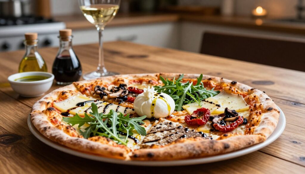 A beautifully arranged gourmet pizza, showcasing a variety of premium toppings. In the foreground, vibrant slices reveal luxurious ingredients such as truffle oil drizzles, fresh arugula, artisanal cheeses like burrata and gorgonzola, sun-dried tomatoes, and wild mushrooms. In the middle ground, a rustic wooden table complements the pizza, with a wine glass and small bowls of high-quality olive oil and balsamic vinegar. In the background, soft-focus kitchen elements hint at a warm, inviting atmosphere with ambient lighting. The scene captures a gourmet culinary experience, evoking a sense of indulgence and sophistication, ideal for food enthusiasts. The shot is taken from a slight angle with a shallow depth of field, emphasizing the pizza as the focal point while creating a cozy ambiance. A beautifully arranged gourmet pizza, showcasing a variety of premium toppings. In the foreground, vibrant slices reveal luxurious ingredients such as truffle oil drizzles, fresh arugula, artisanal cheeses like burrata and gorgonzola, sun-dried tomatoes, and wild mushrooms. In the middle ground, a rustic wooden table complements the pizza, with a wine glass and small bowls of high-quality olive oil and balsamic vinegar. In the background, soft-focus kitchen elements hint at a warm, inviting atmosphere with ambient lighting. The scene captures a gourmet culinary experience, evoking a sense of indulgence and sophistication, ideal for food enthusiasts. The shot is taken from a slight angle with a shallow depth of field, emphasizing the pizza as the focal point while creating a cozy ambiance.