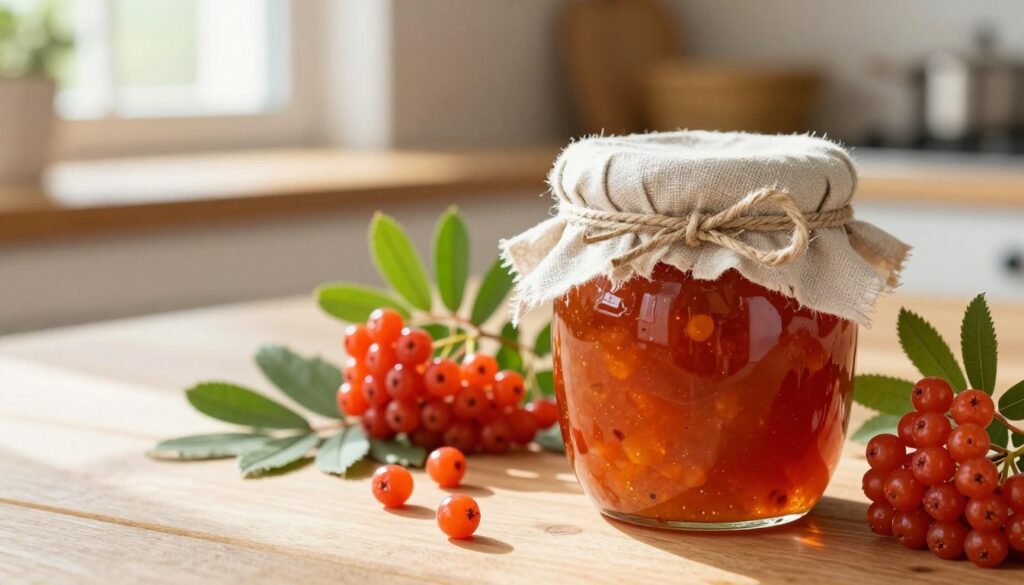 A beautifully arranged jar of rowanberry jam (dżem jarzębinowy) sits prominently in the foreground, crafted from deep orange-red rowanberries, showcasing a glossy surface that reflects soft light. The jar is topped with a rustic cloth and tied with twine, enhancing its homemade appeal. In the middle ground, fresh rowanberries and their vibrant green leaves are artfully scattered, adding a natural touch. In the background, a blurred wooden kitchen table and sunlight streaming through a window create a warm, inviting atmosphere, suggesting a cozy culinary environment. The overall mood is wholesome and traditional, evoking the charm of homemade preserves with an emphasis on nature's bounty. The scene is captured with a gentle, natural light to emphasize colors and textures, with a shallow depth of field to keep the focus on the jar of jam.
