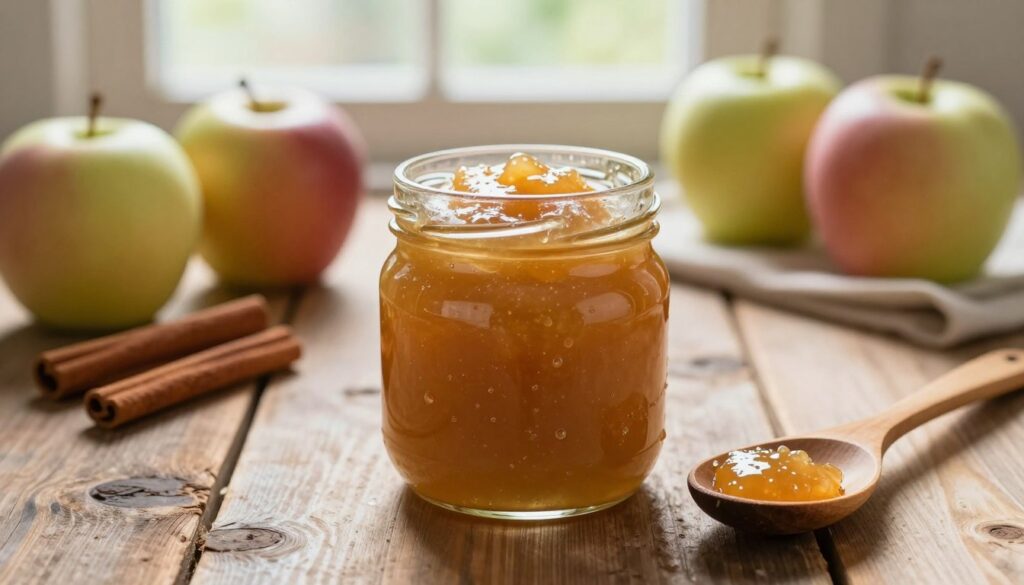 A beautifully arranged jar of smooth apple puree, "przecier jabłkowy," sits in the foreground, showcasing its rich, glossy texture and warm golden hue. Next to the jar, a wooden spoon rests, with droplets of the puree clinging to it, emphasizing the freshness of the product. In the middle ground, a rustic wooden table adorned with ripe apples and a scattering of cinnamon sticks creates a warm and inviting kitchen atmosphere. In the background, soft natural light filters in through a window, illuminating the scene and casting gentle shadows that highlight the organic elements. The mood is cozy and homely, reflecting the essence of homemade cooking, making this image perfect for illustrating sweet egg substitutes in pancakes and pastries.