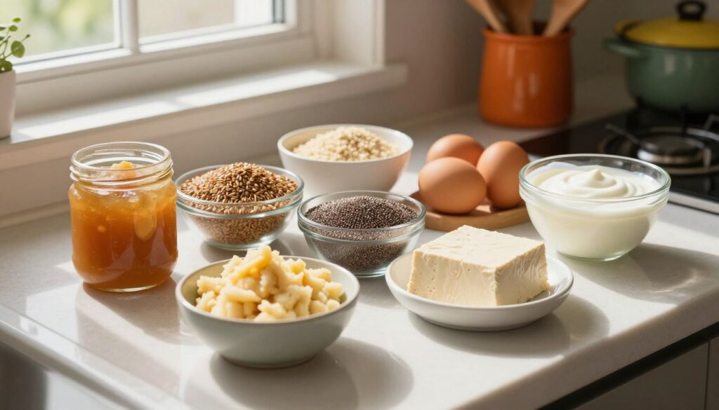 A beautifully arranged kitchen countertop featuring an array of egg substitutes artfully displayed. In the foreground, a small bowl of mashed bananas, a jar of applesauce, and a dish of silken tofu are positioned next to each other, showcasing their textures. The middle ground includes a vibrant selection of flaxseed meal and chia seeds, along with a creamy vegan yogurt. Behind this, a sunny window filters warm, natural light, casting soft shadows around the ingredients. In the background, hints of a cozy kitchen atmosphere with wooden utensils and colorful cookware can be seen, contributing to an inviting mood. The image is captured from a slightly elevated angle, emphasizing the variety and appeal of these substitutes, inviting viewers to explore new culinary possibilities.
