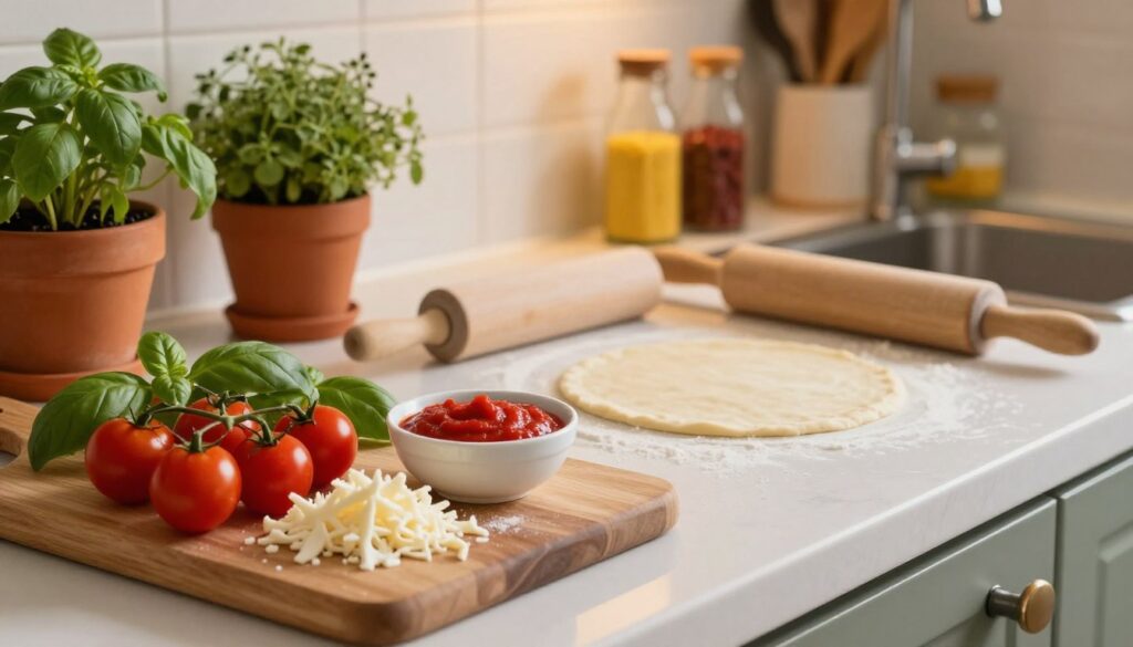 A beautifully arranged kitchen countertop showcasing the ingredients for making mini pizzas. In the foreground, a wooden board displays a variety of fresh ingredients: vibrant red cherry tomatoes, lush green basil leaves, grated mozzarella cheese, and a small bowl of rich tomato sauce. In the middle, a rolling pin rests beside a small stack of dough rounds ready for topping. The background features a softly lit kitchen with warm, inviting colors; herbs in terracotta pots and colorful spices on the shelves enhance the cozy atmosphere. The lighting is warm and natural, capturing the essence of a homely cooking space. The angle highlights the preparation area, creating a sense of anticipation for a delightful cooking experience.