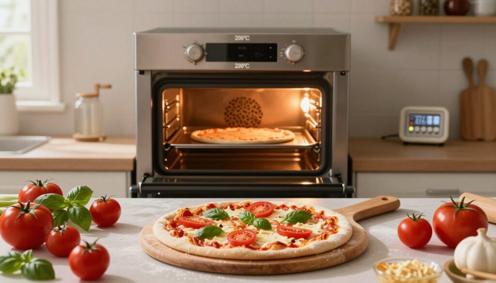 A beautifully arranged kitchen scene depicting the process of baking pizza at various temperatures. In the foreground, there's a vibrant pizza on a wooden pizza peel, with fresh ingredients like tomatoes, cheese, and basil neatly arranged around it. The middle layer showcases an oven with a glowing interior at 200°C, 220°C, and 250°C, with a pizza stone inside. The background features subtle kitchen details, such as a wall-mounted spice rack and a baking timer set on the counter. Soft, warm lighting filters in from a window, casting gentle shadows. The mood is inviting and appetizing, capturing the essence of home-cooked meals and the joy of pizza making. A beautifully arranged kitchen scene depicting the process of baking pizza at various temperatures. In the foreground, there's a vibrant pizza on a wooden pizza peel, with fresh ingredients like tomatoes, cheese, and basil neatly arranged around it. The middle layer showcases an oven with a glowing interior at 200°C, 220°C, and 250°C, with a pizza stone inside. The background features subtle kitchen details, such as a wall-mounted spice rack and a baking timer set on the counter. Soft, warm lighting filters in from a window, casting gentle shadows. The mood is inviting and appetizing, capturing the essence of home-cooked meals and the joy of pizza making.