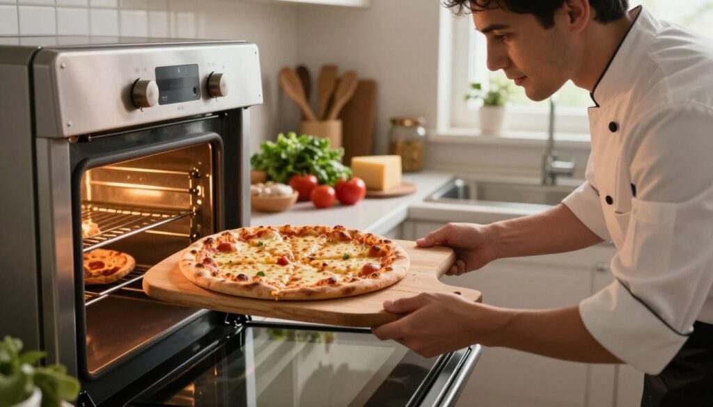 A beautifully arranged kitchen scene featuring a home oven with a perfectly cooked pizza on a wooden pizza peel, showcasing its golden, crispy crust and bubbling cheese. In the foreground, a chef in professional attire, focused and intent, gently opens the oven door, revealing a warm, inviting glow that highlights the pizza inside. The middle ground includes kitchen utensils, fresh herbs, and ingredients like tomatoes and cheese artfully placed around. In the background, soft lighting enhances the cozy atmosphere, with light streaming in from a window, creating a warm and inviting ambiance. The scene captures the essence of cooking pizza in a home oven, emphasizing temperature and technique.