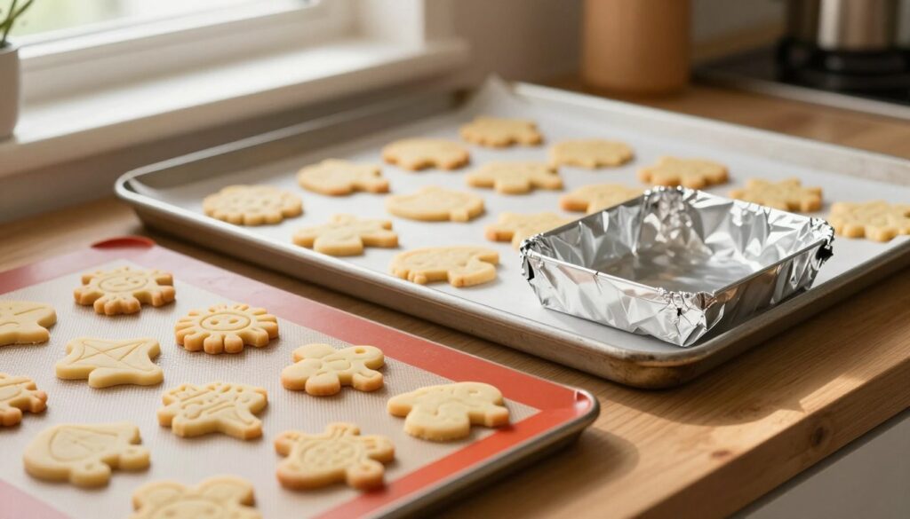 A beautifully arranged kitchen scene, focusing on a baking tray without parchment paper. In the foreground, vivid textures of alternative baking materials like silicone mats and aluminum foil are prominently displayed, showcasing their impracticality. The middle plane features unbaked cookies spread across the tray, with uneven shapes emphasizing the challenges of non-traditional options. In the background, bright, warm lighting filters in through a window, creating a cozy atmosphere. Soft shadows play on the wooden countertop, enhancing the inviting setting. The overall mood should evoke a blend of curiosity and caution, highlighting the importance of using the right tools for baking, without any text or distractions.