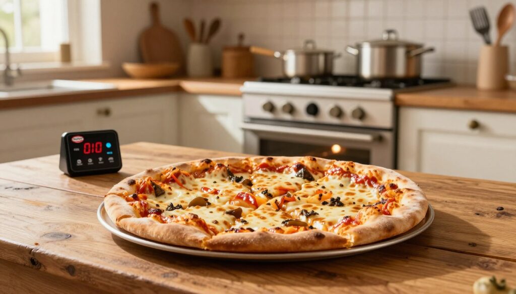 A beautifully arranged kitchen scene showcasing a freshly baked Dr. Oetker pizza being placed on a rustic wooden table. In the foreground, a close-up of a slice of perfectly cooked pizza displaying melted cheese and vibrant toppings, glistening under warm ambient lighting. In the middle ground, an elegant oven is visible, with a digital timer showing a countdown, representing the recommended baking time and temperature. The background features a cozy kitchen with pots and utensils neatly arranged, adding a homely atmosphere. Soft sunlight streams through a nearby window, enhancing the inviting environment. The overall mood is warm and inviting, evoking a sense of culinary delight and practicality in baking. A beautifully arranged kitchen scene showcasing a freshly baked Dr. Oetker pizza being placed on a rustic wooden table. In the foreground, a close-up of a slice of perfectly cooked pizza displaying melted cheese and vibrant toppings, glistening under warm ambient lighting. In the middle ground, an elegant oven is visible, with a digital timer showing a countdown, representing the recommended baking time and temperature. The background features a cozy kitchen with pots and utensils neatly arranged, adding a homely atmosphere. Soft sunlight streams through a nearby window, enhancing the inviting environment. The overall mood is warm and inviting, evoking a sense of culinary delight and practicality in baking.
