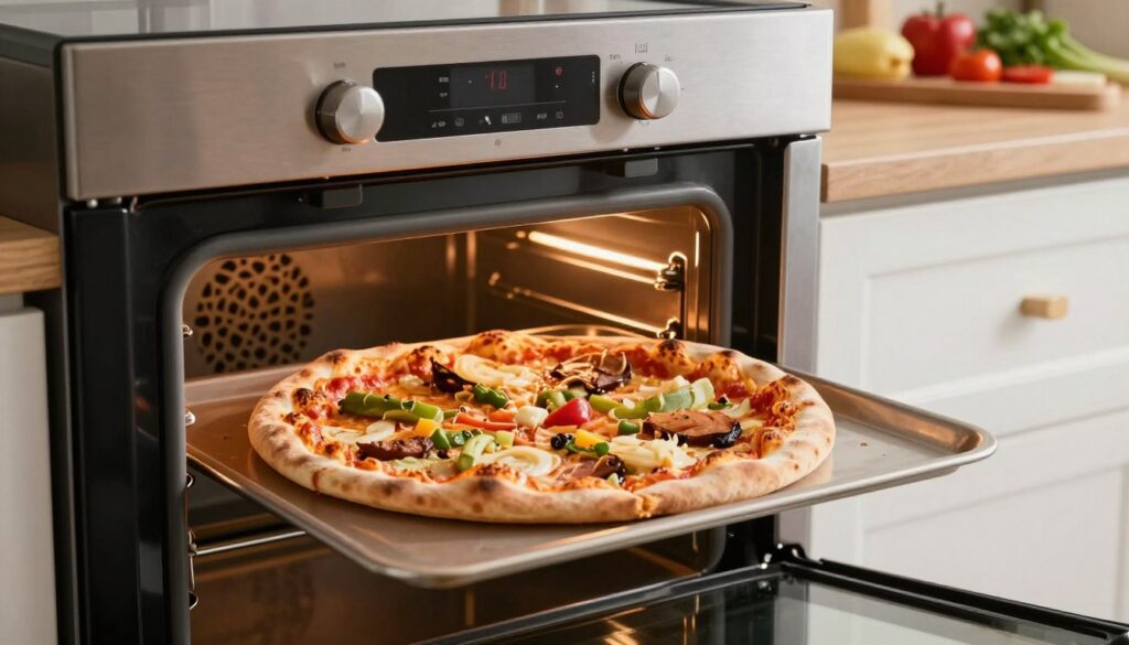 A beautifully arranged kitchen scene showcasing a freshly baked pizza being placed into a modern oven. In the foreground, focus on the pizza with a golden, crispy crust and a vibrant array of toppings, emphasizing the different thicknesses of the dough and layering of ingredients. In the middle ground, a contemporary kitchen oven with the temperature gauge easily visible, reflecting warm, inviting light. The background shows a clean kitchen counter with cooking utensils and fresh ingredients, enhancing the homey atmosphere. The lighting is warm and soft, creating a cozy feel, while the angle captures the pizza just before it enters the oven, illustrating the importance of heating time and technique.