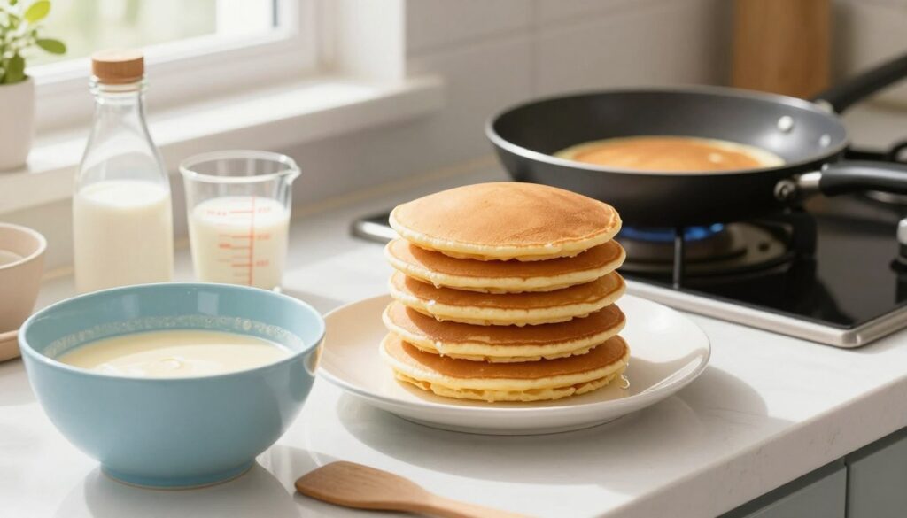 A beautifully arranged kitchen scene showcasing a plate of fluffy, golden-brown pancakes stacked high, with the edges perfectly intact, signifying they are made without milk. In the foreground, a light blue mixing bowl filled with a creamy batter sits alongside measuring cups containing plant-based milk alternatives and water. A spatula rests on the counter, hinting at the cooking process. In the middle ground, a non-stick frying pan on a stove with a gently bubbling pancake, showcasing the cooking method. The background features a bright, airy kitchen with sunlight streaming in through a window, giving the image a warm, inviting atmosphere. The overall mood is cheerful and homely, perfect for a cooking setting.