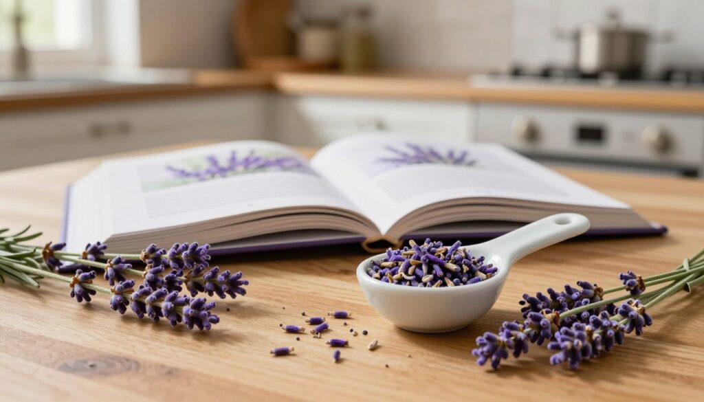 A beautifully arranged kitchen scene showcasing the art of measuring lavender for culinary use. In the foreground, a wooden tabletop features a delicate ceramic measuring spoon filled with vibrant purple lavender buds, surrounded by fresh sprigs of lavender. In the middle, a cookbook opened to a page with lavender recipes provides an inviting context. The background reveals a cozy kitchen with warm lighting, emphasizing a rustic ambiance; light filters through a window, casting soft shadows. The mood is serene and inviting, encouraging a sense of culinary creativity. Shot with a 35mm lens for a natural perspective, ensuring depth of field highlights the lavender while softly blurring the background elements. The overall composition exudes a calm, warm atmosphere perfect for home cooking.