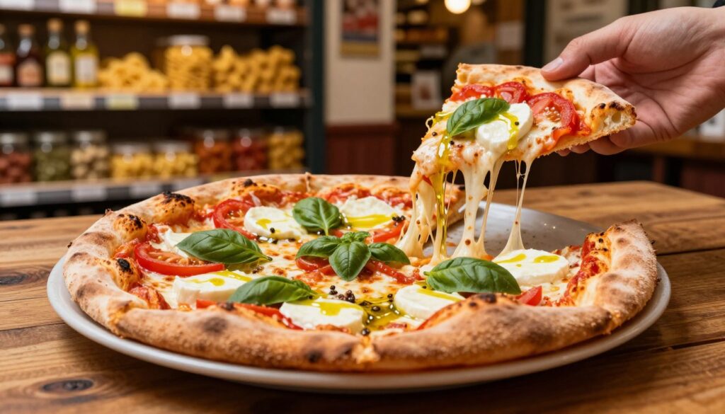 A beautifully arranged pizza Guseppe placed on a rustic wooden table, showcasing a vibrant array of fresh toppings such as mozzarella, basil, tomatoes, and a drizzle of olive oil. In the foreground, a close-up view highlights the golden-brown crust, emphasizing its texture and quality. The middle ground features a hand grasping a slice, ready to be pulled away, with melted cheese stretching appealingly. In the background, a cozy Italian shop setting is subtly blurred, featuring shelves filled with pasta and olive oil, soft warm lighting creating an inviting atmosphere. The overall mood is welcoming and appetizing, inviting viewers to savor the experience of enjoying authentic Italian cuisine. The angle captures both the pizza and the shop, with a shallow depth of field, ensuring focus remains on the delicious dish.
