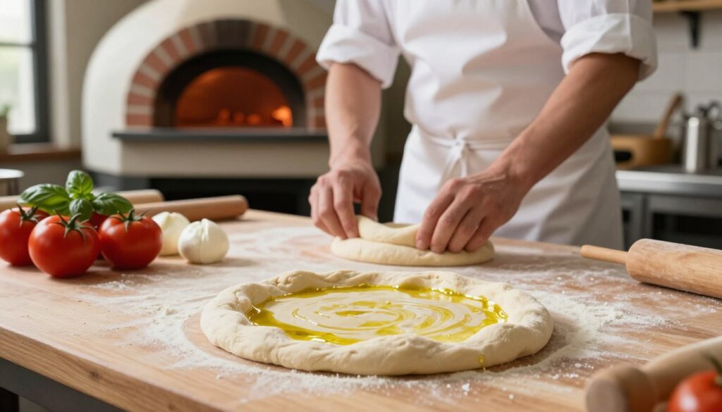 A beautifully arranged pizza-making scene in a professional kitchen. In the foreground, a close-up of a well-kneaded pizza dough ball, glistening with a light sheen of olive oil, on a lightly floured wooden countertop. In the middle, a chef wearing a crisp white apron, expertly shaping the dough into a perfect round base, surrounded by fresh ingredients like ripe tomatoes, mozzarella cheese, and fragrant basil. The background features an old-fashioned brick oven glowing warmly, with a few pizza peels resting against it. Soft, natural light pours in from a window, creating a cozy and inviting atmosphere. The focus is sharp on the dough and chef, while the background is slightly blurred to emphasize the artistry of pizza making. A beautifully arranged pizza-making scene in a professional kitchen. In the foreground, a close-up of a well-kneaded pizza dough ball, glistening with a light sheen of olive oil, on a lightly floured wooden countertop. In the middle, a chef wearing a crisp white apron, expertly shaping the dough into a perfect round base, surrounded by fresh ingredients like ripe tomatoes, mozzarella cheese, and fragrant basil. The background features an old-fashioned brick oven glowing warmly, with a few pizza peels resting against it. Soft, natural light pours in from a window, creating a cozy and inviting atmosphere. The focus is sharp on the dough and chef, while the background is slightly blurred to emphasize the artistry of pizza making.