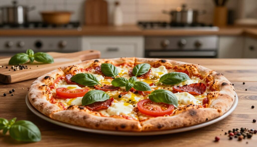 A beautifully arranged pizza showcasing a harmonious balance of flavors and textures. In the foreground, a freshly baked pizza crust, golden and slightly charred, topped with a vibrant array of ingredients: melted mozzarella, fresh basil leaves, slices of ripe tomatoes, savory pepperoni, and a drizzle of olive oil. In the middle ground, a wooden serving board with scattered herbs and spices, enhancing the visual appeal. The background features a warm, rustic kitchen with soft, ambient lighting, adding a cozy atmosphere. Use a shallow depth of field to create a focus on the pizza while softly blurring the kitchen surroundings. The overall mood is inviting and mouth-watering, emphasizing the delightful combinations of pizza toppings. A beautifully arranged pizza showcasing a harmonious balance of flavors and textures. In the foreground, a freshly baked pizza crust, golden and slightly charred, topped with a vibrant array of ingredients: melted mozzarella, fresh basil leaves, slices of ripe tomatoes, savory pepperoni, and a drizzle of olive oil. In the middle ground, a wooden serving board with scattered herbs and spices, enhancing the visual appeal. The background features a warm, rustic kitchen with soft, ambient lighting, adding a cozy atmosphere. Use a shallow depth of field to create a focus on the pizza while softly blurring the kitchen surroundings. The overall mood is inviting and mouth-watering, emphasizing the delightful combinations of pizza toppings.