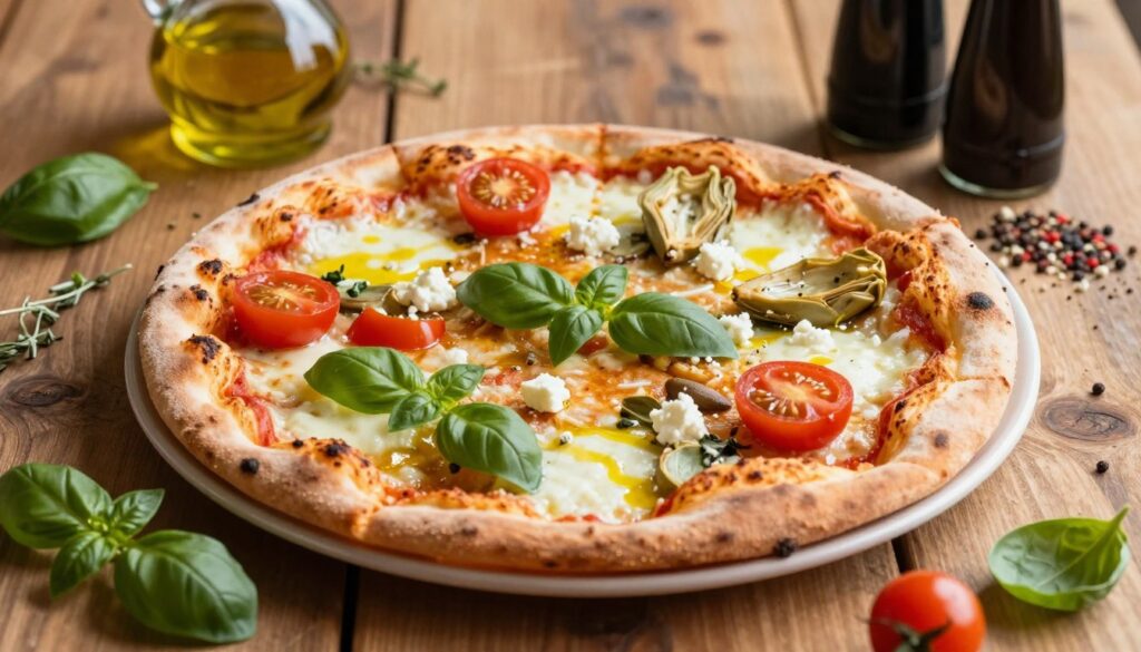 A beautifully arranged pizza sits at the center of a rustic wooden table, showcasing a variety of vibrant toppings. In the foreground, fresh basil leaves and thinly sliced cherry tomatoes burst with color, while crumbled feta cheese and artichoke hearts add a touch of Mediterranean flair. The middle layer features a golden crust, perfectly baked with a slight char, topped with rich, melted mozzarella cheese and a drizzle of olive oil. In the background, herbs and spices are artfully scattered, alongside bottles of olive oil and balsamic vinegar, enhancing the culinary atmosphere. Soft, natural lighting casts a warm glow, highlighting the texture of the ingredients. The overall mood is inviting and inspiring, perfect for food lovers seeking unique pizza topping ideas.