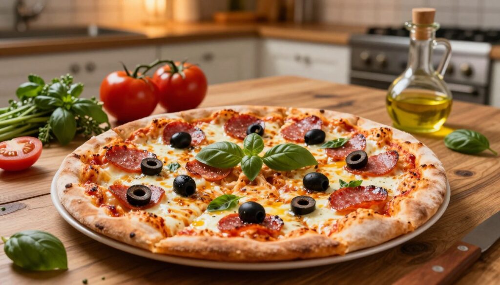 A beautifully arranged pizza topped with classic ingredients that exemplify the essence of traditional toppings. In the foreground, showcase slices of pizza with glistening melted mozzarella cheese, vibrant pepperoni, sliced black olives, and fresh basil leaves. The middle ground features a rustic wooden kitchen table scattered with fresh ingredients like ripe tomatoes, a bundle of aromatic herbs, and a small bowl of olive oil. The background reveals a cozy, warmly lit kitchen with soft, ambient lighting that creates an inviting atmosphere. Use a slightly elevated angle to capture the entire scene, emphasizing the allure of the pizza and the quality of the ingredients. The mood is warm and inviting, perfect for showcasing classic pizza toppings that always work.