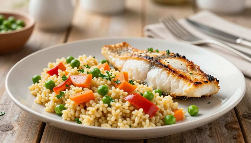 A beautifully arranged plate featuring a variety of cooked kasza, showcasing its fluffy texture and earthy tones. In the foreground, highlight a generous serving of kasza mixed with colorful vegetables like bell peppers, carrots, and peas, garnished with fresh herbs. The middle ground should include a perfectly cooked fish fillet, perhaps grilled or baked, elegantly placed beside the kasza. In the background, softly blurred, there could be a rustic wooden dining table setting with hints of a serene kitchen atmosphere, emphasizing warmth and comfort. Natural lighting spills over the scene, enhancing the colors and textures, creating an inviting and healthy culinary vibe. The overall mood should feel wholesome and appetizing, inviting the viewer to explore the nutritious benefits of kasza as a dining alternative. A beautifully arranged plate featuring a variety of cooked kasza, showcasing its fluffy texture and earthy tones. In the foreground, highlight a generous serving of kasza mixed with colorful vegetables like bell peppers, carrots, and peas, garnished with fresh herbs. The middle ground should include a perfectly cooked fish fillet, perhaps grilled or baked, elegantly placed beside the kasza. In the background, softly blurred, there could be a rustic wooden dining table setting with hints of a serene kitchen atmosphere, emphasizing warmth and comfort. Natural lighting spills over the scene, enhancing the colors and textures, creating an inviting and healthy culinary vibe. The overall mood should feel wholesome and appetizing, inviting the viewer to explore the nutritious benefits of kasza as a dining alternative.