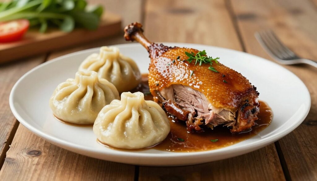 A beautifully arranged plate featuring kluski śląskie dumplings served alongside a succulent roasted duck, garnished with a rich, glossy sauce. The dumplings, plump and golden, should be artistically placed to showcase their texture, while the duck boasts crispy, golden skin and tender meat, with vibrant herbs accentuating the dish. The background includes a rustic wooden table setting, with soft, warm lighting that casts gentle shadows, enhancing the appetizing appearance of the food. A hint of fresh vegetables adds color and freshness to the scene. Use a shallow depth of field to focus on the dish, creating an inviting and gourmet atmosphere perfect for a culinary article. A beautifully arranged plate featuring kluski śląskie dumplings served alongside a succulent roasted duck, garnished with a rich, glossy sauce. The dumplings, plump and golden, should be artistically placed to showcase their texture, while the duck boasts crispy, golden skin and tender meat, with vibrant herbs accentuating the dish. The background includes a rustic wooden table setting, with soft, warm lighting that casts gentle shadows, enhancing the appetizing appearance of the food. A hint of fresh vegetables adds color and freshness to the scene. Use a shallow depth of field to focus on the dish, creating an inviting and gourmet atmosphere perfect for a culinary article.