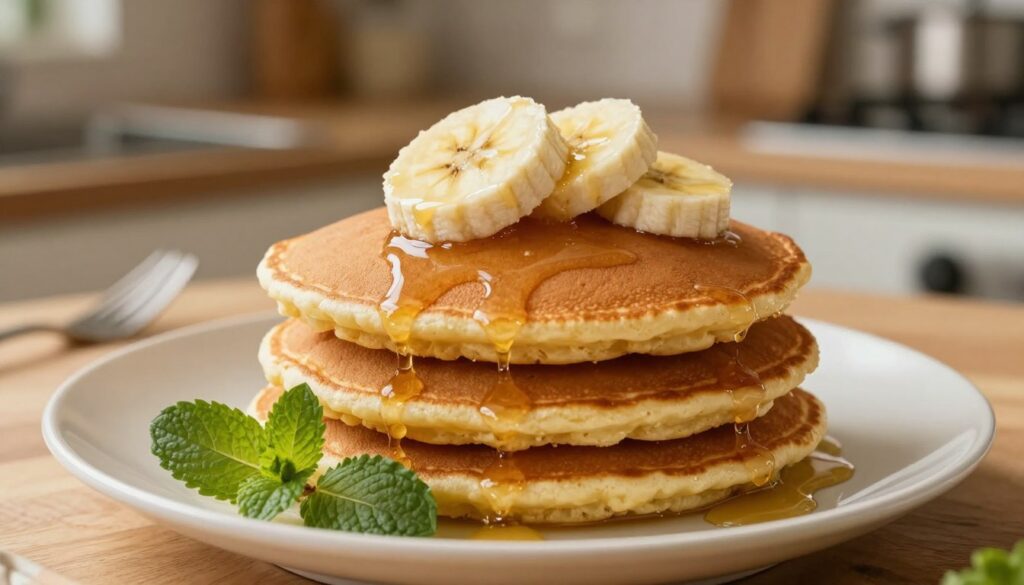 A beautifully arranged plate of banana pancakes, showcasing their golden-brown, soft, and fluffy texture. The pancakes are stacked high, with a perfectly ripe banana sliced and elegantly placed on top, drizzled lightly with honey. In the foreground, there are delicate curls of fresh mint leaves for contrast. The background features a warm, softly lit kitchen setting, with wooden countertops and a subtle blur of kitchen utensils and ingredients, creating an inviting atmosphere. The lighting is warm and highlights the glossy sheen of the banana pancakes, enhancing their appetizing look. The composition is intimate, focusing on the deliciousness of the dish, invoking a sense of comfort and sweetness. A beautifully arranged plate of banana pancakes, showcasing their golden-brown, soft, and fluffy texture. The pancakes are stacked high, with a perfectly ripe banana sliced and elegantly placed on top, drizzled lightly with honey. In the foreground, there are delicate curls of fresh mint leaves for contrast. The background features a warm, softly lit kitchen setting, with wooden countertops and a subtle blur of kitchen utensils and ingredients, creating an inviting atmosphere. The lighting is warm and highlights the glossy sheen of the banana pancakes, enhancing their appetizing look. The composition is intimate, focusing on the deliciousness of the dish, invoking a sense of comfort and sweetness.