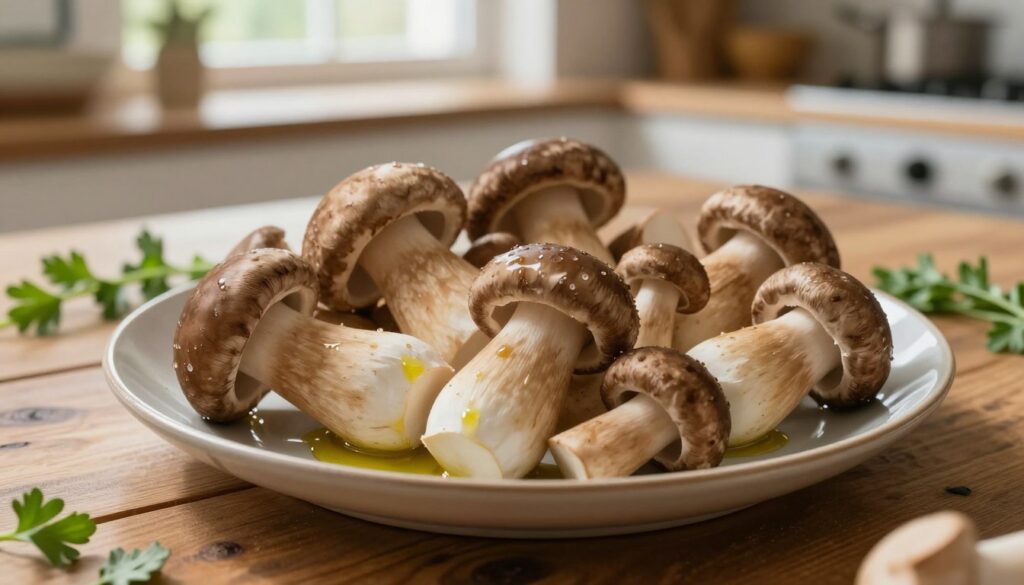 A beautifully arranged plate of brown porcini mushrooms, also known as "podgrzybki brunatne," is set against a rustic wooden table. The foreground features the plump, earthy-colored mushrooms with their distinctive brown caps and white stems, glistening slightly with a drizzle of olive oil. In the middle ground, a soft, blurred herb garnish surrounds the plate, enhancing the visual appeal with hints of green. The background consists of a cozy kitchen setting with warm, natural light streaming in through a nearby window, creating a welcoming and homely atmosphere. The angle is slightly overhead, allowing for detailed observation of the mushrooms’ textures and colors, while the mood conveys a sense of comfort and culinary delight.