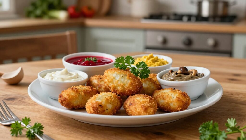 A beautifully arranged plate of krokiety, lightly golden-brown and crispy, served without the traditional red borscht. The krokiety are garnished with a fresh sprig of parsley and accompanied by a variety of colorful dipping sauces in small bowls—a creamy garlic sauce, a tangy mustard dip, and a rich mushroom sauce. The scene is set on an elegant wooden dining table, with soft diffused lighting creating a warm, inviting atmosphere. In the background, a rustic kitchen setting adds a cozy touch, featuring a blurred view of fresh vegetables and kitchen tools. The focus is on the deliciousness of the dish, evoking a sense of comfort and culinary delight.