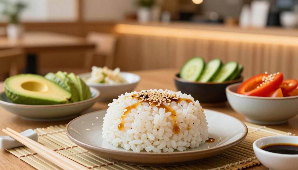 A beautifully arranged plate of sushi rice, glistening and perfectly seasoned with rice vinegar, placed prominently in the foreground. Surrounding it are small bowls containing various natural and plant-based ingredients, such as avocado, cucumber, bell peppers, and lightly sprinkled sesame seeds, showcasing alternative sushi fillings. In the middle ground, a bamboo mat is partially visible along with a set of chopsticks and a small dish of soy sauce. The background features a softly blurred setting of a bright, inviting sushi restaurant with warm wooden tones and ambient lighting. The overall atmosphere is calm and inviting, suggesting a culinary experience akin to dining at a restaurant. Focus on capturing intricate details of the rice texture and vibrant colors of the fillings, using natural lighting to enhance the fresh appearance. A beautifully arranged plate of sushi rice, glistening and perfectly seasoned with rice vinegar, placed prominently in the foreground. Surrounding it are small bowls containing various natural and plant-based ingredients, such as avocado, cucumber, bell peppers, and lightly sprinkled sesame seeds, showcasing alternative sushi fillings. In the middle ground, a bamboo mat is partially visible along with a set of chopsticks and a small dish of soy sauce. The background features a softly blurred setting of a bright, inviting sushi restaurant with warm wooden tones and ambient lighting. The overall atmosphere is calm and inviting, suggesting a culinary experience akin to dining at a restaurant. Focus on capturing intricate details of the rice texture and vibrant colors of the fillings, using natural lighting to enhance the fresh appearance.