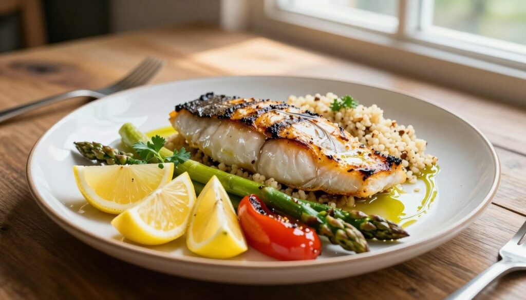 A beautifully arranged plate showcasing various side dishes accompanying grilled fish. In the foreground, display a vibrant assortment of garnishes, including lemon wedges, fresh herbs, and colorful vegetables like roasted bell peppers and asparagus. In the middle ground, a perfectly cooked fillet of fish glistens with olive oil, surrounded by an elegant medley of couscous, quinoa, and a light sauce drizzled over it. The background features a rustic wooden table setting, with soft natural light filtering through a nearby window, casting gentle highlights and shadows. Aim for a warm, inviting atmosphere that captures the essence of healthy and delicious dining, evoking a sense of culinary creativity and freshness.