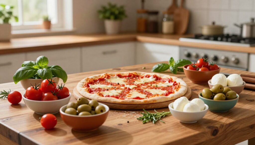 A beautifully arranged, rustic wooden table filled with an assortment of vibrant pizza toppings. In the foreground, colorful bowls brimming with fresh ingredients: bright red cherry tomatoes, lush green basil, golden olives, creamy mozzarella, and a scattering of aromatic herbs. In the middle, a half-made pizza with a perfectly stretched dough base topped with a balanced layer of tomato sauce and cheese, displaying harmony in color and texture. The background features a warm, softly lit kitchen with wooden shelves holding spice jars and greenery, creating a cozy atmosphere. Light filters in through a window, casting gentle shadows and enhancing the inviting feel of the scene. Capture the essence of balance and flavor combinations, emphasizing freshness and creativity in pizza making. A beautifully arranged, rustic wooden table filled with an assortment of vibrant pizza toppings. In the foreground, colorful bowls brimming with fresh ingredients: bright red cherry tomatoes, lush green basil, golden olives, creamy mozzarella, and a scattering of aromatic herbs. In the middle, a half-made pizza with a perfectly stretched dough base topped with a balanced layer of tomato sauce and cheese, displaying harmony in color and texture. The background features a warm, softly lit kitchen with wooden shelves holding spice jars and greenery, creating a cozy atmosphere. Light filters in through a window, casting gentle shadows and enhancing the inviting feel of the scene. Capture the essence of balance and flavor combinations, emphasizing freshness and creativity in pizza making.