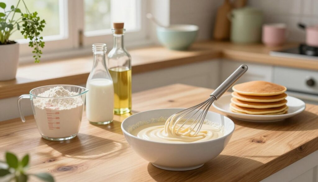 A beautifully arranged scene featuring a bowl of pancake batter made from flour, milk, water, and oil, set atop a rustic wooden kitchen countertop. In the foreground, a whisk gently blends the ingredients, showcasing the smooth, creamy consistency of the batter. The middle layer includes measuring cups filled with flour, milk, and a bottle of oil, all elegantly positioned next to a small stack of light, fluffy pancakes on a white plate, hinting at the delicious outcome. In the background, a softly lit kitchen with hanging herbs and pastel-colored kitchenware adds warmth, enhancing the cozy atmosphere. The lighting is bright and natural, coming from a nearby window, creating soft shadows and highlighting the ingredients, inviting viewers to immerse themselves in the art of cooking. A beautifully arranged scene featuring a bowl of pancake batter made from flour, milk, water, and oil, set atop a rustic wooden kitchen countertop. In the foreground, a whisk gently blends the ingredients, showcasing the smooth, creamy consistency of the batter. The middle layer includes measuring cups filled with flour, milk, and a bottle of oil, all elegantly positioned next to a small stack of light, fluffy pancakes on a white plate, hinting at the delicious outcome. In the background, a softly lit kitchen with hanging herbs and pastel-colored kitchenware adds warmth, enhancing the cozy atmosphere. The lighting is bright and natural, coming from a nearby window, creating soft shadows and highlighting the ingredients, inviting viewers to immerse themselves in the art of cooking.