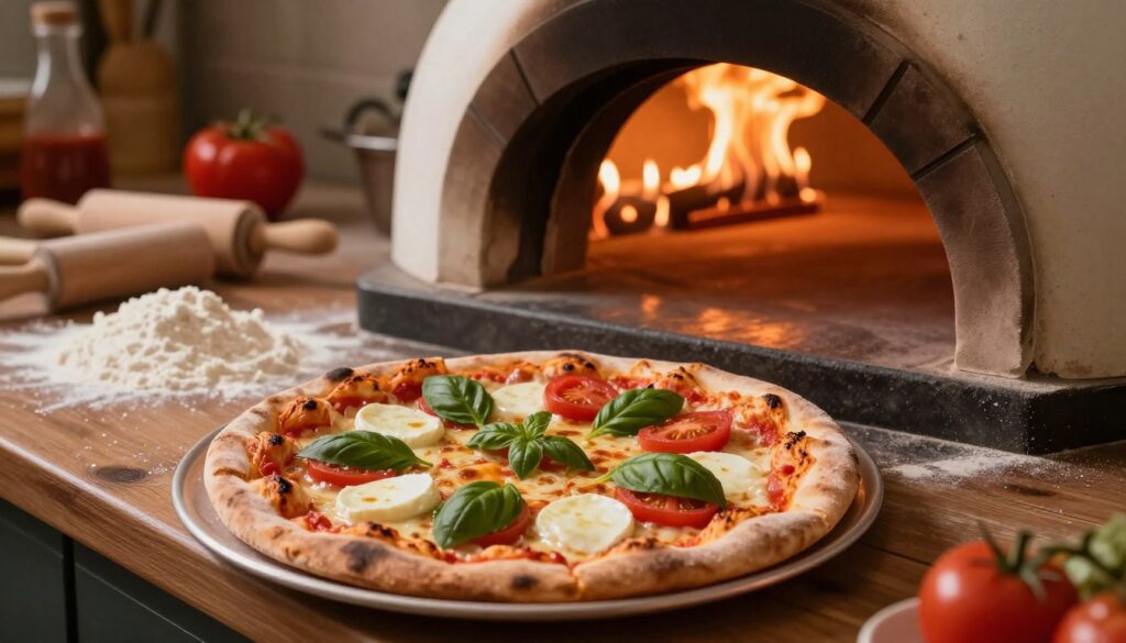 A beautifully arranged scene in a cozy kitchen, showcasing a pizza in a stone oven set to 200°C. In the foreground, the pizza, topped with fresh ingredients like mozzarella, basil, and tomatoes, emerges slightly from the oven with cheese bubbling. The middle ground features the oven door slightly open, with flames glowing softly inside, reflecting a warm, inviting ambiance. In the background, a wooden kitchen table adorned with flour, a rolling pin, and tomato sauce adds to the cooking atmosphere. The lighting is warm and dim, highlighting the food while creating a homely feel. Capture the ideal moment of baking pizza at this temperature, emphasizing the texture and colors, evoking a sense of culinary warmth and comfort.