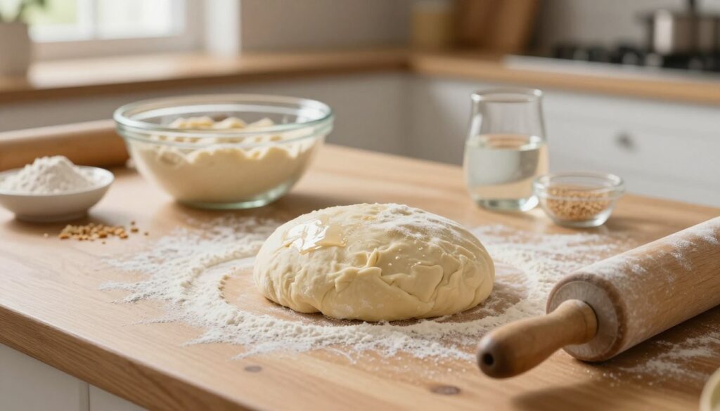 A beautifully arranged scene of freshly prepared yeast dough on a wooden countertop, showcasing the texture and elasticity of the dough. In the foreground, a well-floured surface with a rolling pin nearby, emphasizing the action of kneading. The middle ground features a bowl of unformed dough, slightly risen, next to essential ingredients like flour, water, and yeast, all artistically scattered. The background captures a warm, inviting kitchen atmosphere with soft, natural lighting filtering through a window, highlighting the dough’s glistening surface. The lens is set to capture the scene from a slight angle, giving depth. The mood is cozy and casual, perfect for home cooking, inviting viewers to embark on their pizza-making journey.