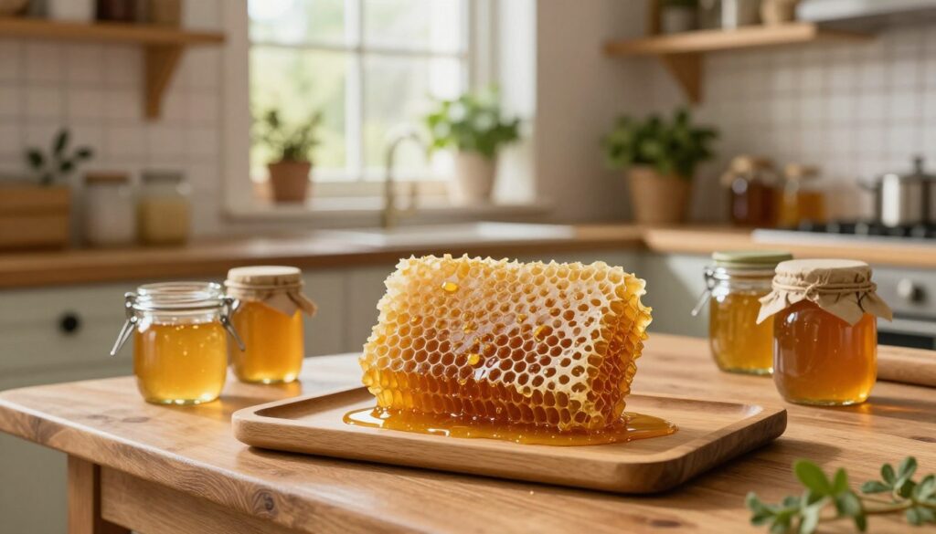 A beautifully arranged scene showcasing the storage of honeycomb in a rustic kitchen. In the foreground, a wooden table holds a delicately framed piece of honeycomb, glistening with golden honey droplets, surrounded by glass jars for safe storage. The middle ground features a warm, inviting kitchen setting with soft natural light filtering through a window, highlighting the honeycomb's textures. In the background, shelves lined with herbs and jars create a cozy atmosphere. A small potted plant adds a touch of freshness. The overall mood is warm and homely, emphasizing the importance of preserving the honeycomb's flavor and aroma. The focus is sharp, with a slight depth of field to keep the honeycomb as the main focal point.