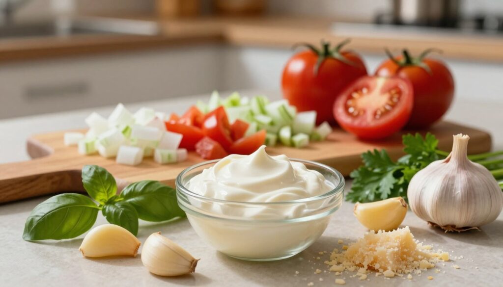 A beautifully arranged selection of ingredients for creamy pizza sauce. In the foreground, a small glass bowl holds rich, thick sour cream, surrounded by fresh herbs like basil and parsley. Bright yellow garlic cloves and a handful of finely grated Parmesan cheese are scattered nearby. In the middle ground, a wooden cutting board features the vibrant colors of diced onions and a few ripe tomatoes. Behind them, blurred, warm kitchen tones create an inviting atmosphere, suggestive of a cozy cooking space. Soft, natural lighting illuminates the scene, casting gentle shadows and highlighting the textures of the ingredients, while a shallow depth of field focuses the viewer's attention on the foreground elements. The overall mood is warm, appetizing, and inspiring for home cooks.