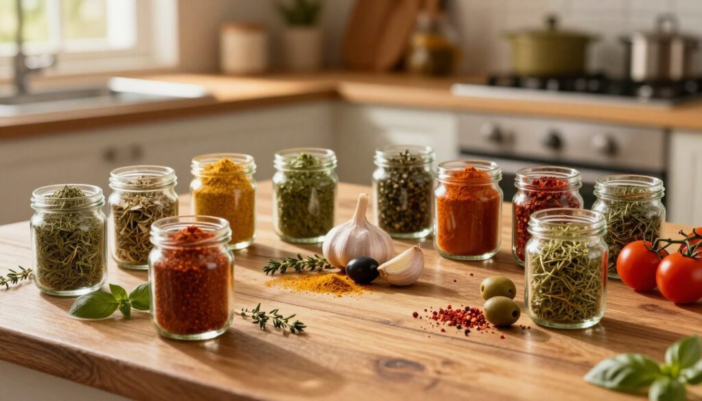 A beautifully arranged selection of pizza spice blends spread across a rustic wooden table. In the foreground, small glass jars filled with colorful mixtures of dried herbs and spices, such as oregano, basil, thyme, and crushed red pepper flakes, are artistically placed. In the middle, a handful of fresh ingredients like garlic cloves, olives, and cherry tomatoes enhance the scene. The background features a warm, inviting kitchen setting, with soft, golden light filtering through a window, casting delicate shadows. A subtle depth of field draws focus to the spices while creating a cozy atmosphere. The overall mood is appetizing and inspiring, perfect for a culinary exploration of flavors.